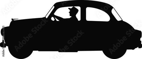 Vintage car silhouette with driver inside classic automobile side view transportation icon isolated on white background black vector illustration design