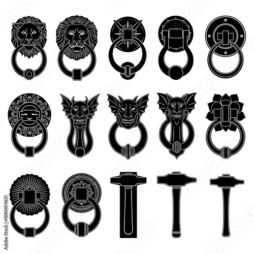 Collection of ornate black and white door knockers in various designs