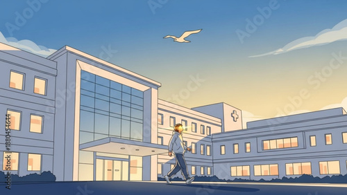 Person walking in front of a large modern hospital building at sunset with a bird flying overhead
