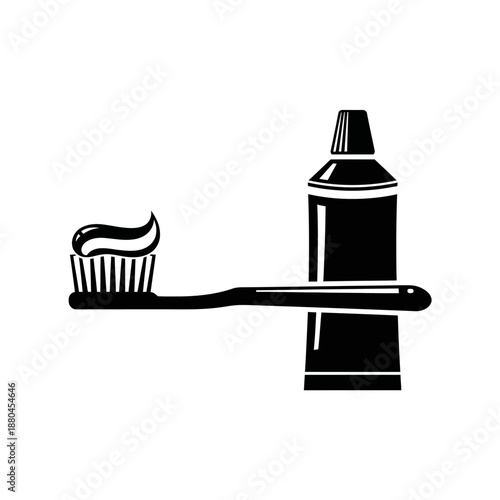 A simple black and white illustration of a toothbrush and toothpaste