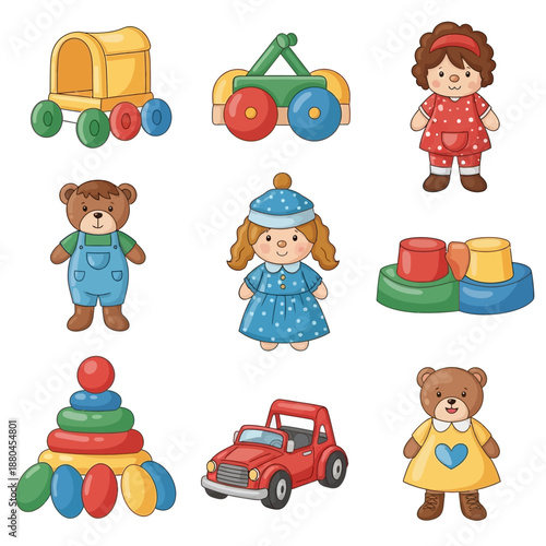 Colorful collection of vintage toys including dolls cars and building blocks