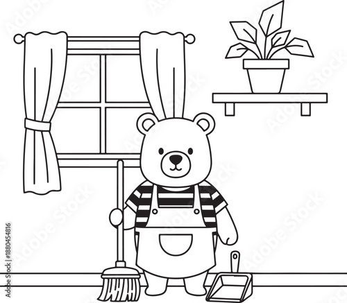 Cute cartoon bear cleaning with broom and dustpan line art Vector