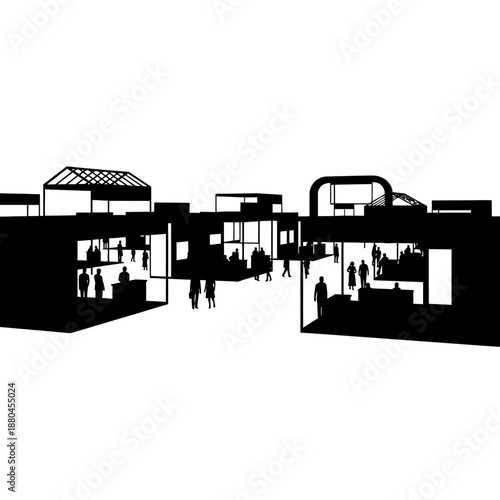 a black and white silhouette of a city street with people walking