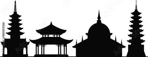 asian, temple, silhouettes, pagoda, pavilion, mosque, architecture, religious, buildings, landmark, culture, heritage, traditional, black, skyline, isolated, white, background, vector, illustration