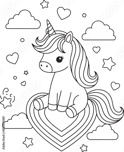 Cute unicorn sitting on rainbow heart coloring page Vector