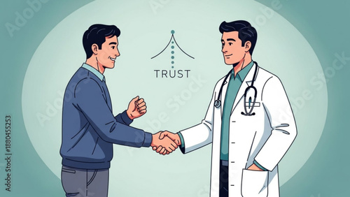 Doctor and patient shaking hands with trust symbol