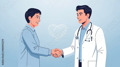 Doctor shaking hands with patient symbolizing trust and care in a medical setting with a heart icon in the background illustrated in a simple style