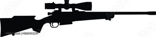 Sniper rifle silhouette with scope side view, precision firearm weapon icon isolated on white background black minimal vector illustration