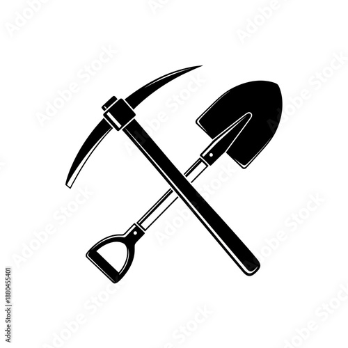 A crossed pickaxe and shovel tools for digging and construction work
