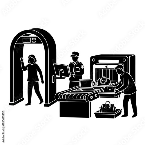 Airport security checkpoint featuring metal detectors x ray scanner and personnel