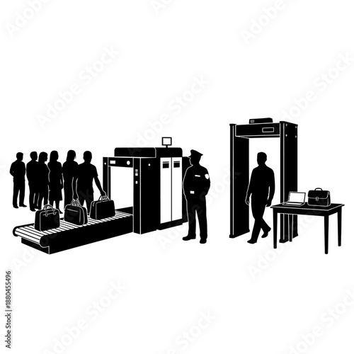 Airport security checkpoint with people baggage scanner and security officer