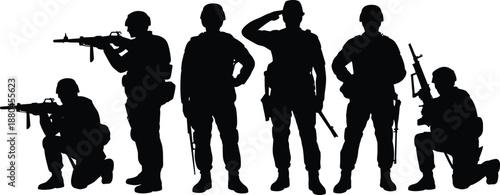 military, soldier, silhouettes, armed, forces, team, combat, weapons, tactical, poses, army, security, defense, patrol, black, figures, isolated, white, background, illustration