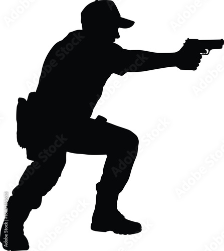 Armed tactical man aiming pistol silhouette vector illustration, black shooter action pose isolated on white background, security and defense concept