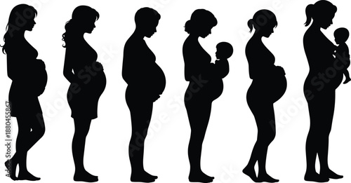 pregnancy, motherhood, silhouettes, pregnant, woman, baby, maternity, parenthood, female, body, stages, family, care, love, black, figures, isolated, white, background, illustration