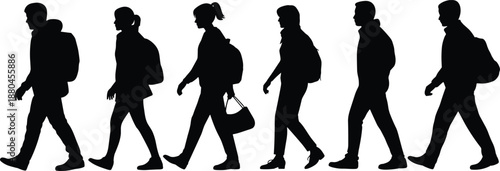 People walking silhouettes with backpacks and bags, urban travel and commute concept illustration, minimalist black human figures isolated on white background vector