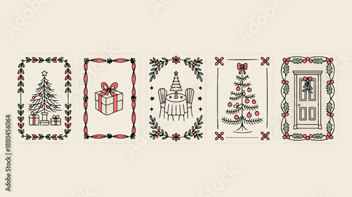 Set of five illustrative Christmas cards with hand-drawn festive elements and borders