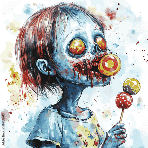 Watercolor Zombie Child Devouring Candies and Lollipops , vector style simple color