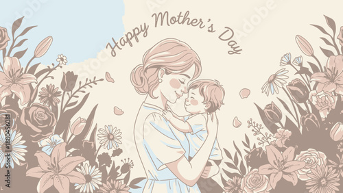 Happy mother's day wishes greeting card with mother and child in beautiful floral garden