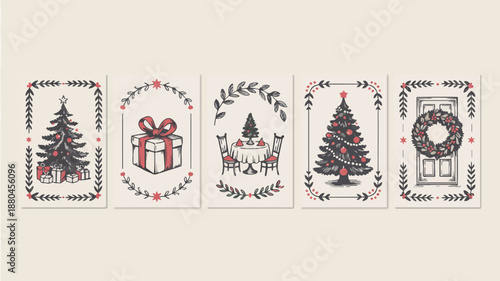 Five artistic Christmas cards with detailed hand-drawn festive scenes and decorations