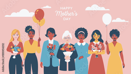 Happy mother's day celebration with diverse group of women and flowers