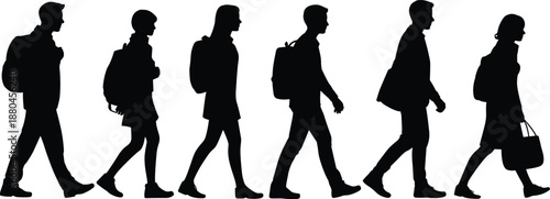 Walking people silhouettes in side view with backpacks and bags, urban commuters crowd, daily routine movement, black vector illustration isolated on white
