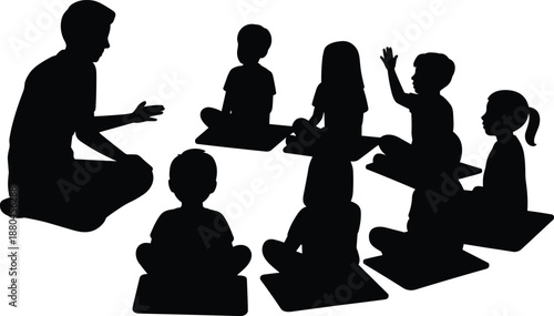 Teacher teaching children silhouette vector illustration, classroom learning scene with students sitting and raising hands, education concept isolated on white background
