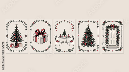 Fotografie Christmas greeting card set with winter holiday trees presents table and front d