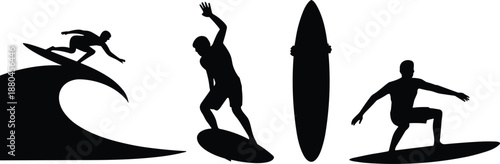 Surfing silhouettes set with surfer riding wave, standing on surfboard, extreme water sport action, summer ocean activity, black vector illustration isolated