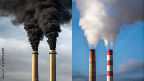 Utilization and Storage (CCUS) Contrasting smoke emissions from power plants, one black and one white, highlighting pollution issues.