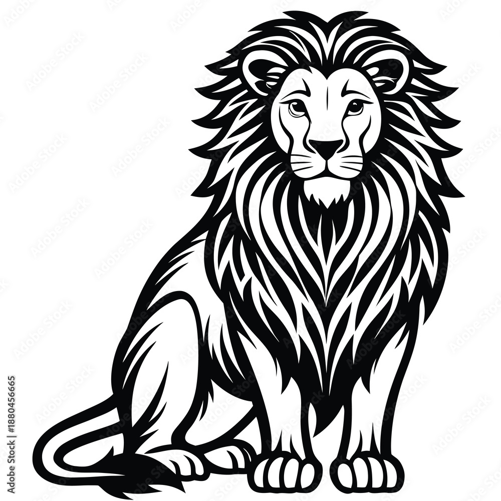 Fototapeta premium Isolated black and white lion head vector illustration of a powerful wild animal predator mascot and feline beast symbol for a nature tattoo or wildlife art