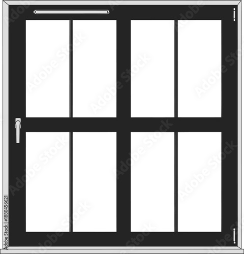 A modern black framed window featuring four clear glass panes and a ventilation system