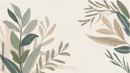 A serene, minimalist botanical illustration featuring delicate hand-painted leaves and branches. The design uses a soft earthy palette of sage green, muted olive, and warm beige on a cream background,