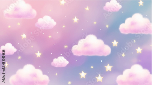 A magical and dreamy sky illustration featuring soft pink fluffy clouds and glowing golden stars scattered across a pastel purple and lavender gradient background. The ethereal aesthetic creates 