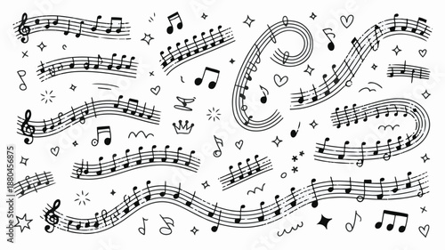 Set of winding music score lines and musical symbols on white background for composition