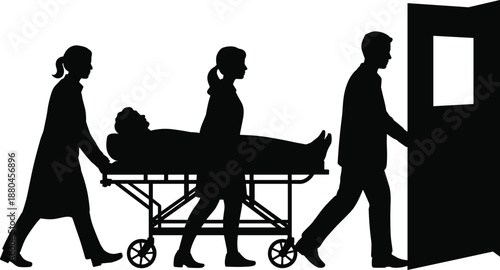 Hospital emergency silhouette with medical staff pushing patient on stretcher to operating room, healthcare teamwork, urgent treatment concept, black vector illustration
