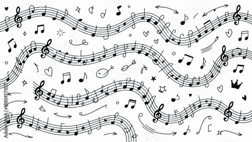 Collection of flowing musical staffs with treble clefs and simple music icons for concept art