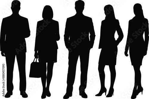 Business people silhouettes standing together, professional men and women team in formal wear, corporate workforce concept, black vector illustration isolated on white