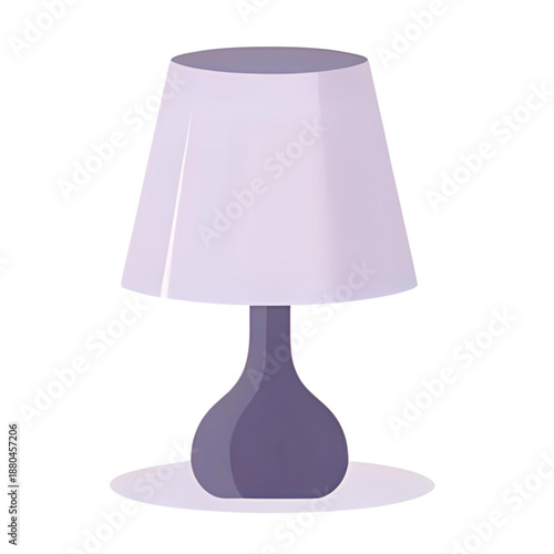 A simple table lamp with a white shade and purple base on a flat surface viewed from the side