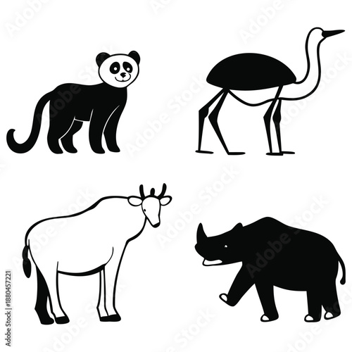 A big set of wild animal silhouettes and cartoon illustrations featuring a grizzly bear, elephant, rhino, and pet cat in a black vector icon design for safari and zoo wildlife nature themes