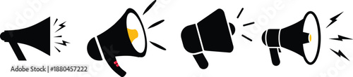 Mega Phone Icon set. Speaker symbol representing announcement. Flat vector illustration of a loudspeaker used for advertising, marketing, business promotion, public announcements, and warnings.