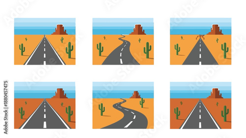 Collection of six illustrated desert highway scenes showing various road conditions and landscape variations across a sunny arid environment