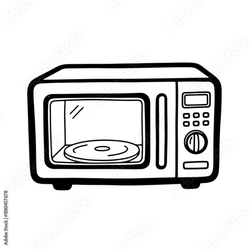 Hand Drawn Microwave Oven Doodle Icon. Simple Black and White Vector Illustration of Kitchen Appliance for Heating and Cooking Food.