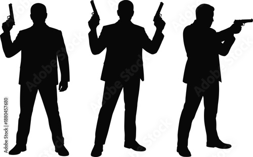 Armed agent silhouettes holding pistols in action poses, secret agent spy illustration, minimalist black danger concept isolated on white background vector