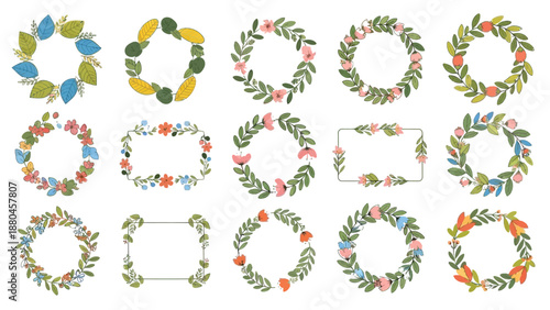 Collection of fifteen beautiful hand drawn floral wreaths and rectangular frames adorned with colorful spring blossoms and lush green foliage perfect for various designs