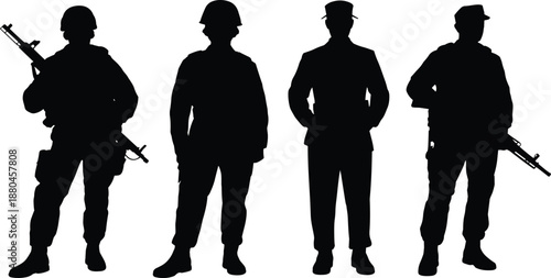 Military soldiers silhouette set standing in different poses, armed army personnel figures, security force concept, black vector illustration isolated on white
