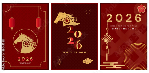 Chinese New Year 2026 Illustration with Horse Zodiac, Golden Lanterns, Red Asian Festive Background, Traditional Lunar Holiday Vector Design for Banner, Poster, Greeting Card, Calendar, and Cultural C