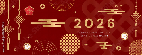 Chinese New Year 2026 Illustration with Horse Zodiac, Golden Lanterns, Red Asian Festive Background, Traditional Lunar Holiday Vector Design for Banner, Poster, Greeting Card, Calendar, and Cultural C