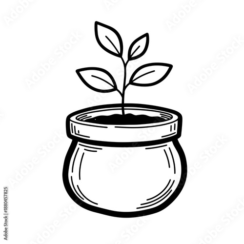 Hand-Drawn Sprout in Pot Icon. Doodle Vector Illustration of Small Plant Growing, symbolizing Growth, Nature, and Eco-Friendliness