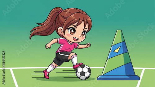 Little girl dribbling ball past cone