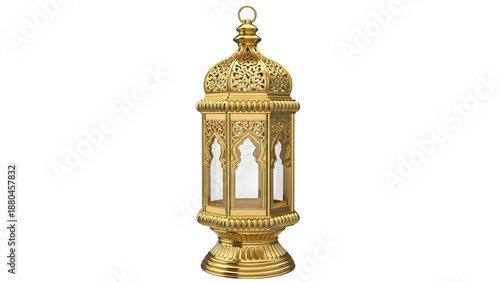 Elegant gold lantern with ornate details and hanging loop isolated on transparent background